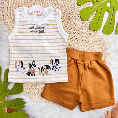 Conj. Regata Cute Friends e Bermuda - Off White e Ferrugem